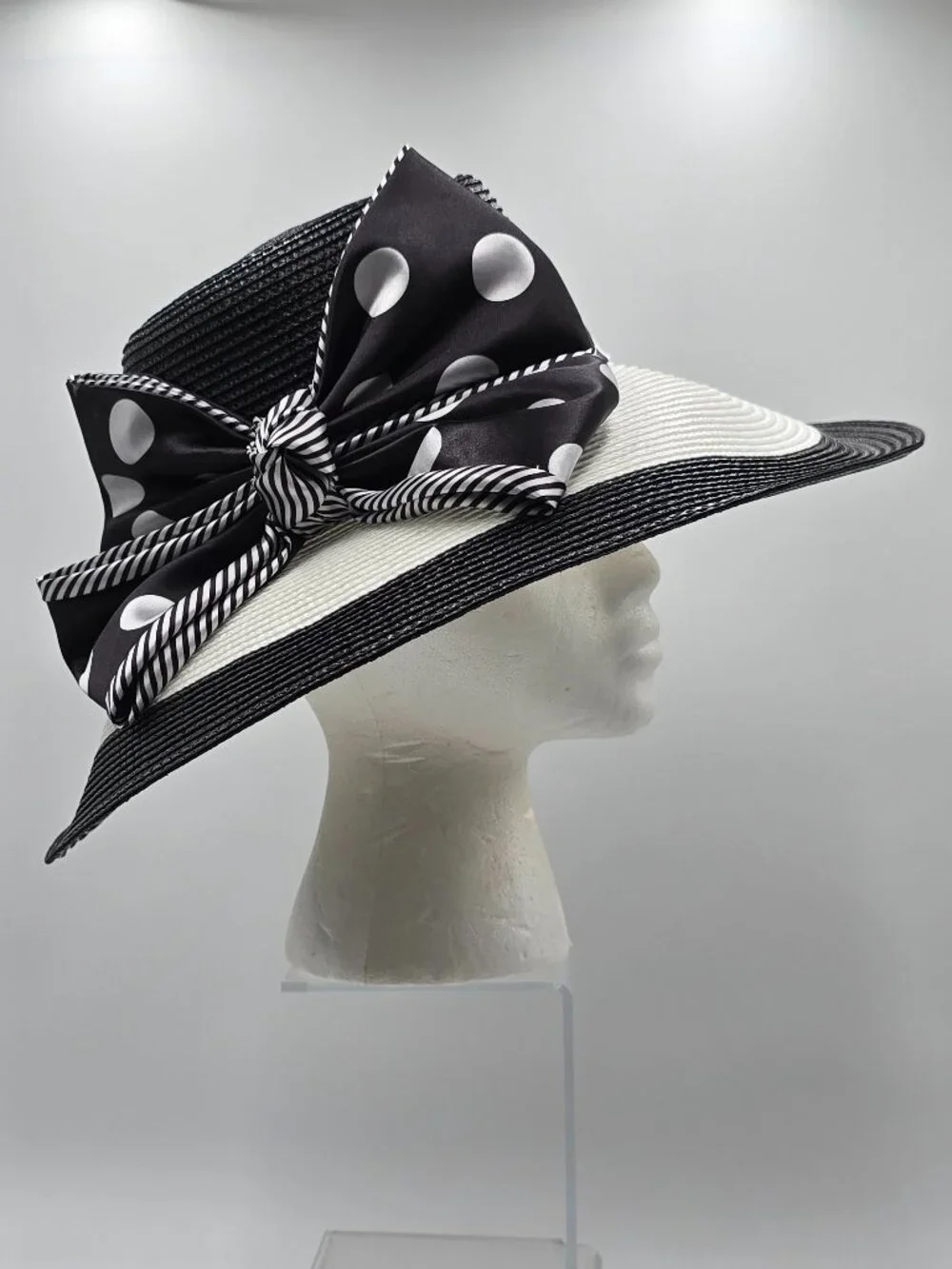 August Hat Company B&W Wide Brim Hat with Polka-Dot & Striped Accent Bow